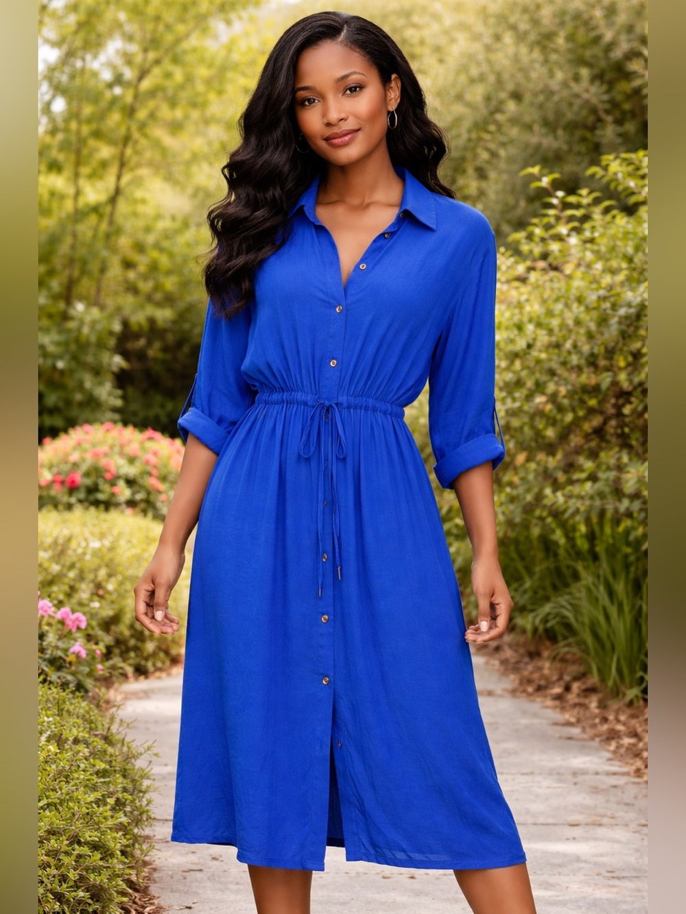 Zara Cobalt Blue Gathered Satin Dress featuring a collared neckline Sz(m) - Picture 2 of 4